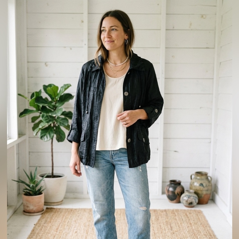 🔴 Ruby Rd. Black Textured Crinkle Utility Jacket Boho Minimalist Lightweight